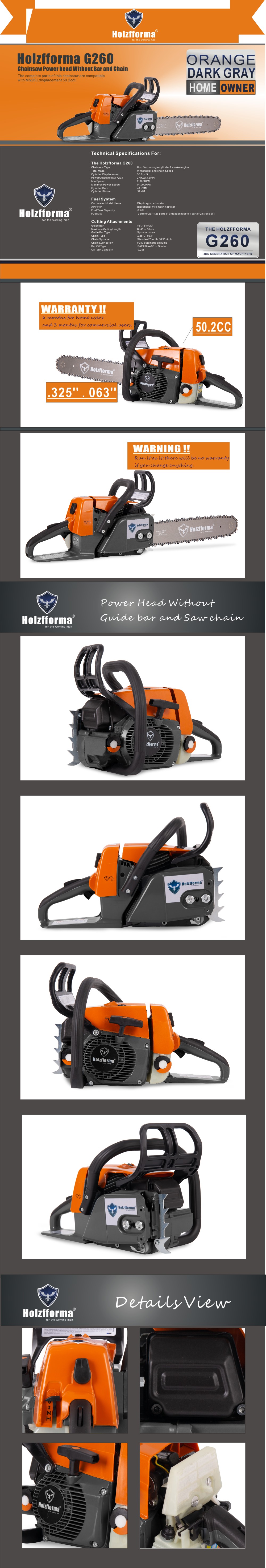 50.2cc Holzfforma® Orange Dark Gray G260 Gasoline Chain Saw Power Head