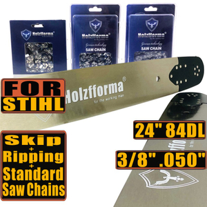 Holzfforma® Pro 24 or 25inch 3/8 .050 84DL Solid Guide Bar & Standard Chain & Ripping Chain & Skip Chain Combo For Stihl MS360 MS361 MS362 MS380 MS390 MS440 MS441 MS460 MS461 MS660 MS661 MS650 Chainsaw
