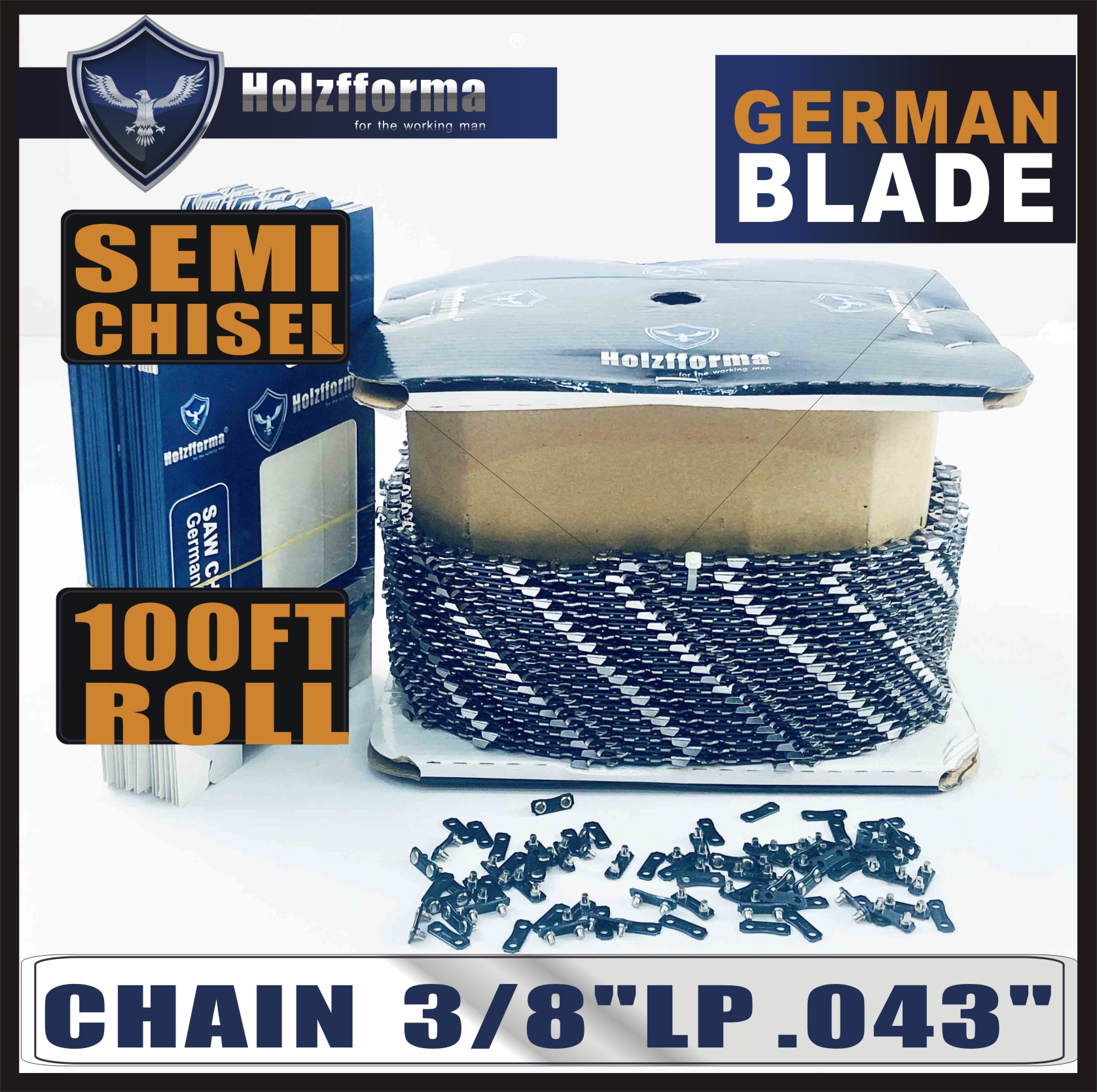 Holzfforma® 100FT Roll .3/8''LP .043'' Semi Chisel Saw Chain With 40 Sets Matched Connecting links and 25 Boxes