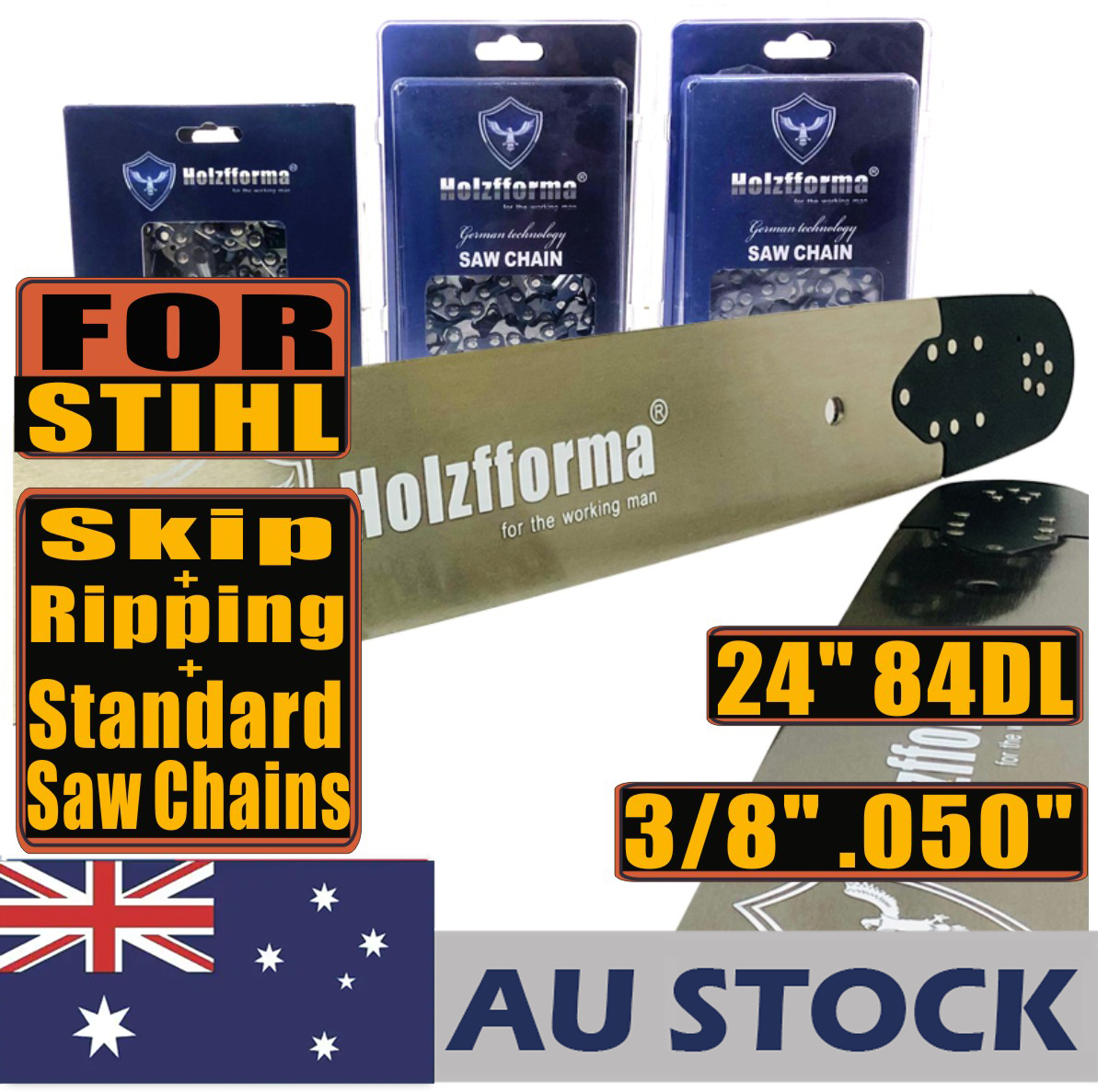 AU STOCK only to AU ADDRESS - Holzfforma® Pro 24 or 25inch 3/8 .050 84DL Solid Guide Bar & Standard Chain & Ripping Chain & Skip Chain Combo For Stihl MS360 MS361 MS362 MS380 MS390 MS440 MS441 MS460 MS461 MS660 MS661 MS650 Chainsaw 2-4 Days Delivery Time Fast Shipping For AU Customers Only