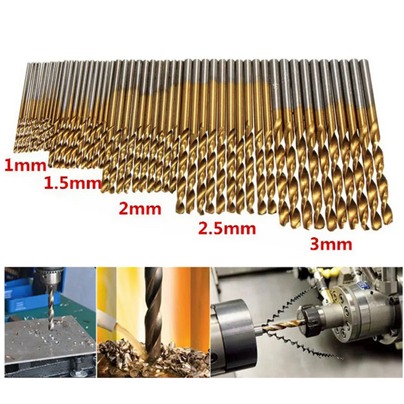 50PCS 1/1.5/2/2.5/3mm HSS Titanium Coated Twist Drill Bits High Speed Steel Drill Bit Set