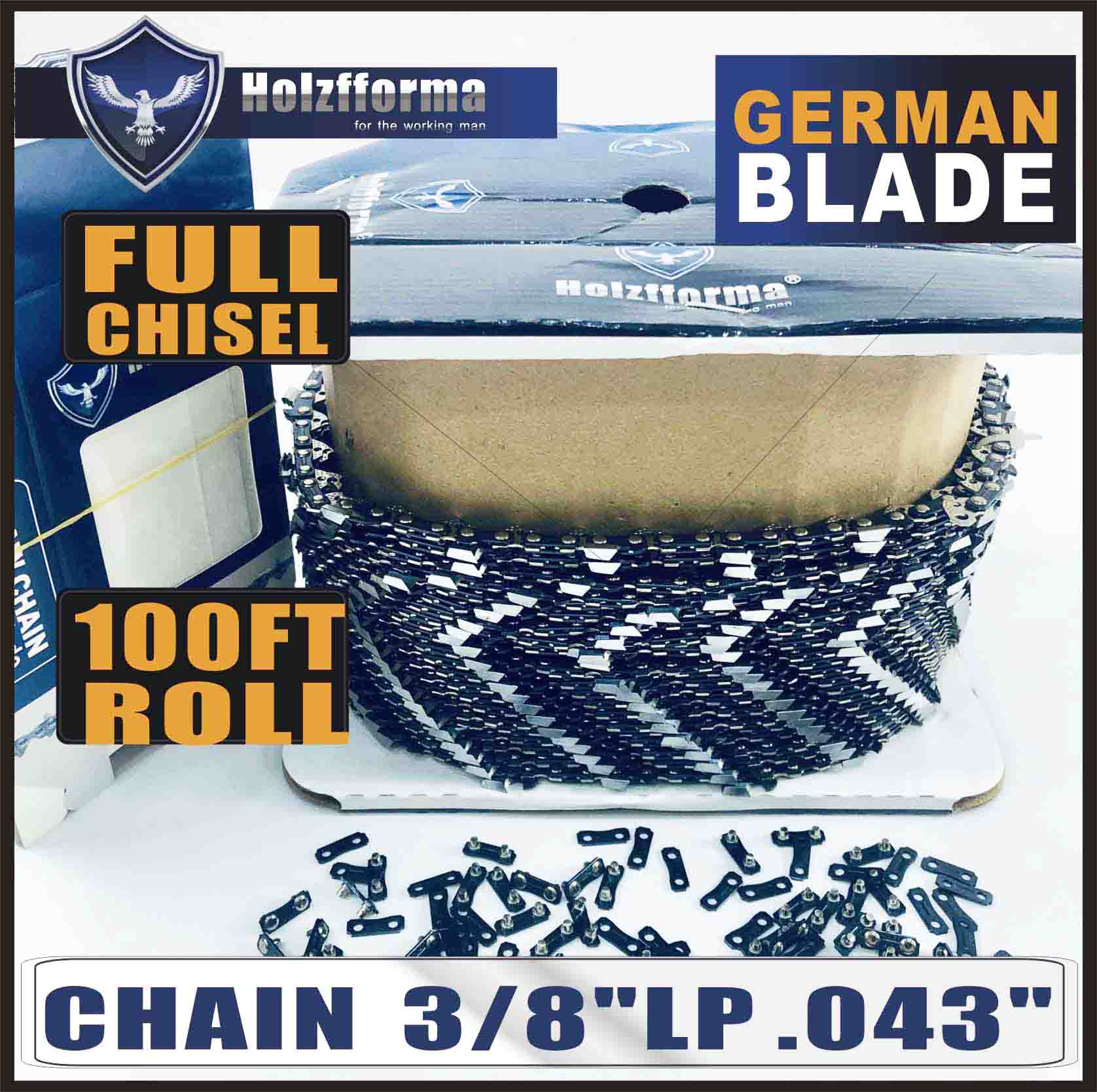 Holzfforma® 100FT Roll .3/8''LP .043'' Full Chisel Saw Chain With 40 Sets Matched Connecting links and 25 Boxes