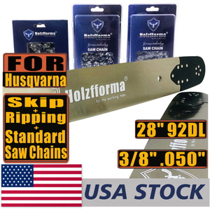 US STOCK - Holzfforma® Pro 28inch 3/8 .050 92DL Solid Guide Bar & Standard Chain & Ripping Chain & Skip Chain Combo For Husqvarna 61 66 262 xp 266 268 272 xp 281 288 365 372 xp 385 390 394 395 480 562 570 575 Chainsaw 2-4 Days Delivery Time Fast Shipping For US Customers Only