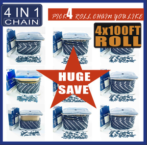 4X100FT Roll Chain Bulk Order 4IN1 SAWCHAIN PICK FOUR 100FT Roll Holzfforma Full Or Semi Chisel Chains 3/8 Pitch,.325 Pitch, 3/8 LP Pitch,.404 Pitch